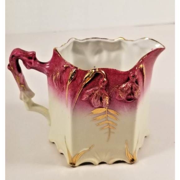 Antique Porcelain Cream Pitcher Gold & Purple Leaf, Cross Mark - Picture 6 of 6